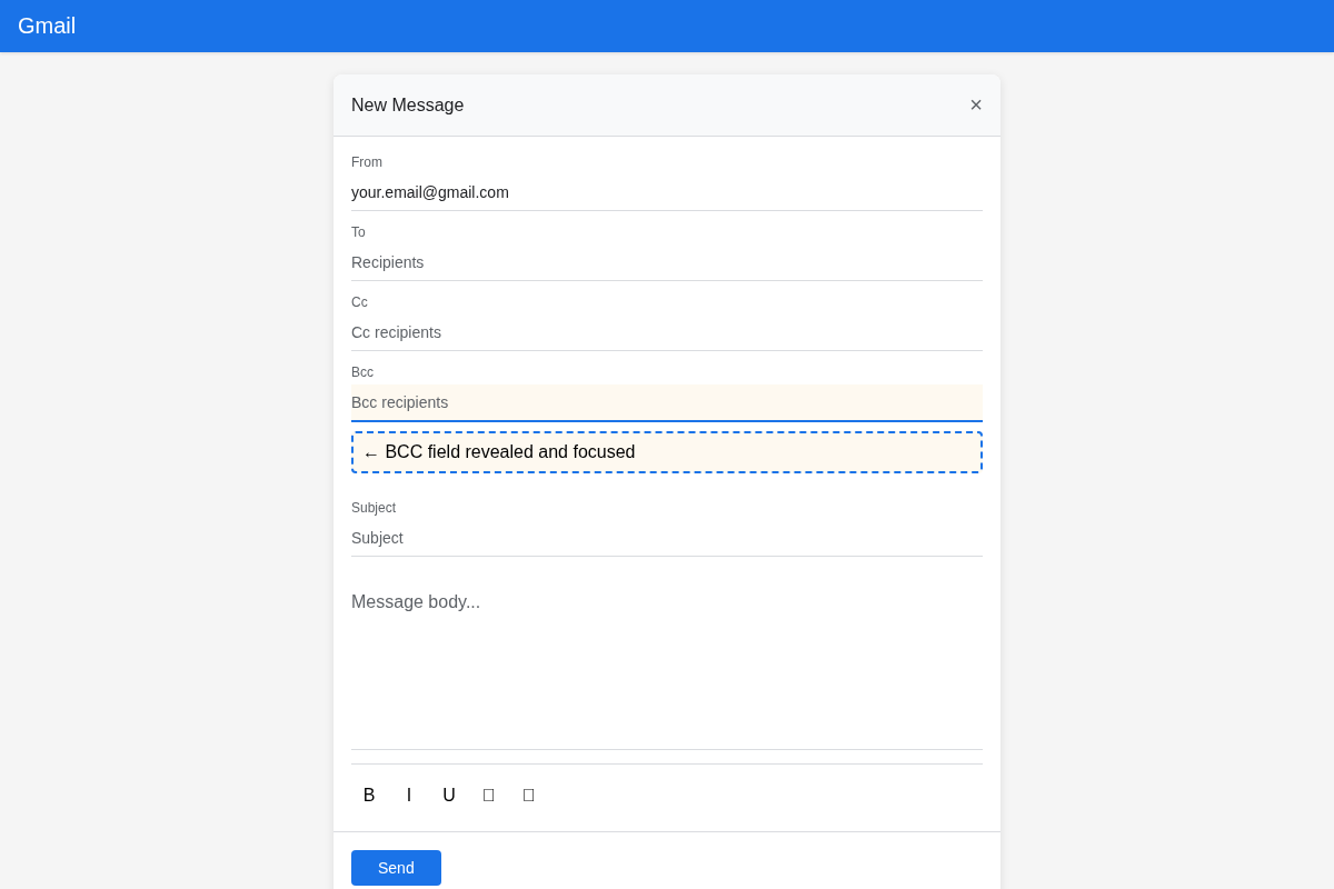 Gmail compose window with BCC field shown for private group email