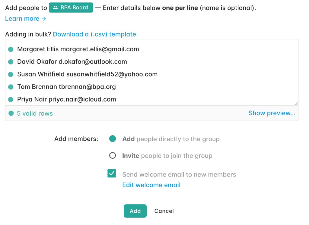 The Gaggle Mail add members dialog with a pasted list of names and email addresses ready to add to the group