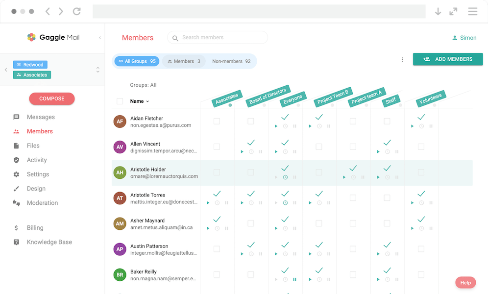 Gaggle Mail member list screenshot